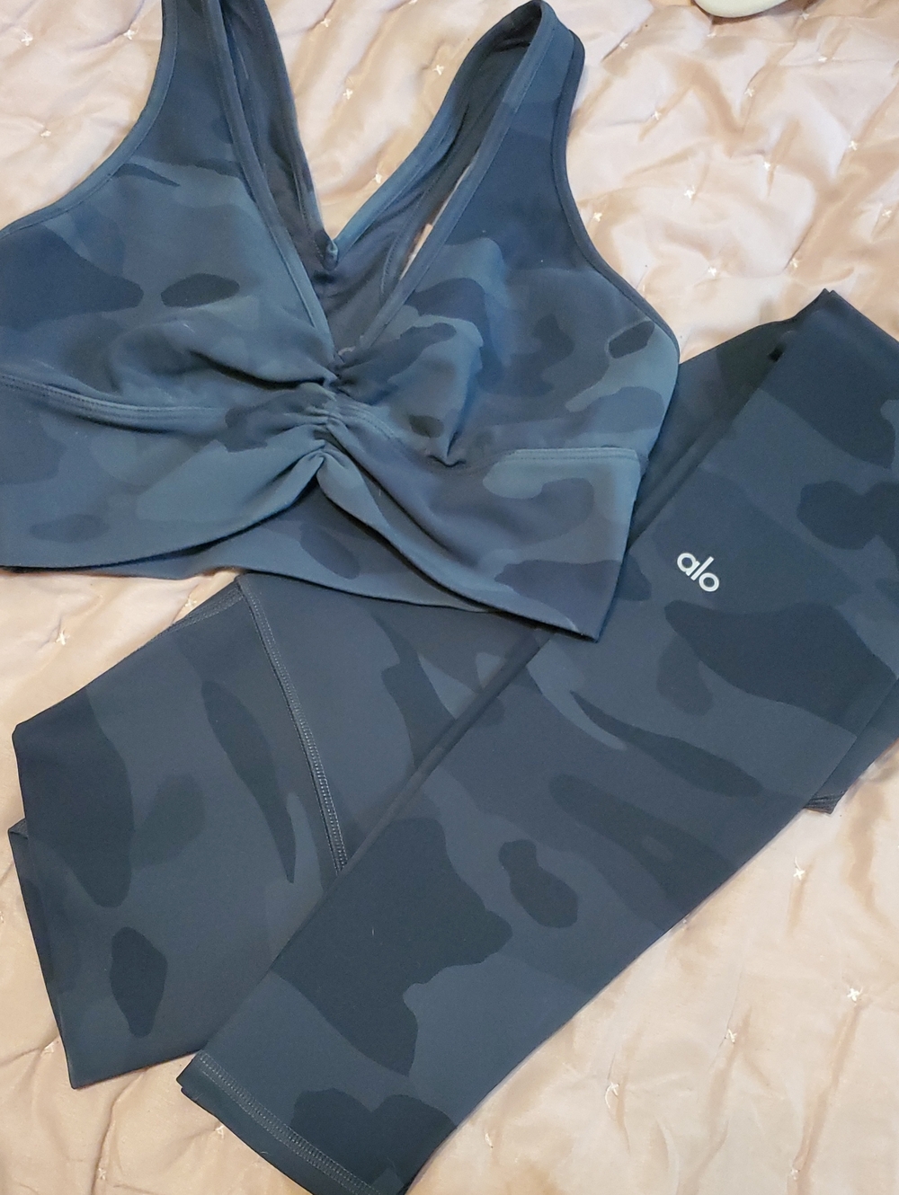 ALO Yoga Black Camo Wild Thing Sports Bra & Leggings Set